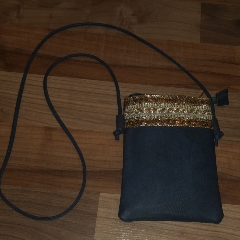 Blue Hipster Purse with Gold Accents